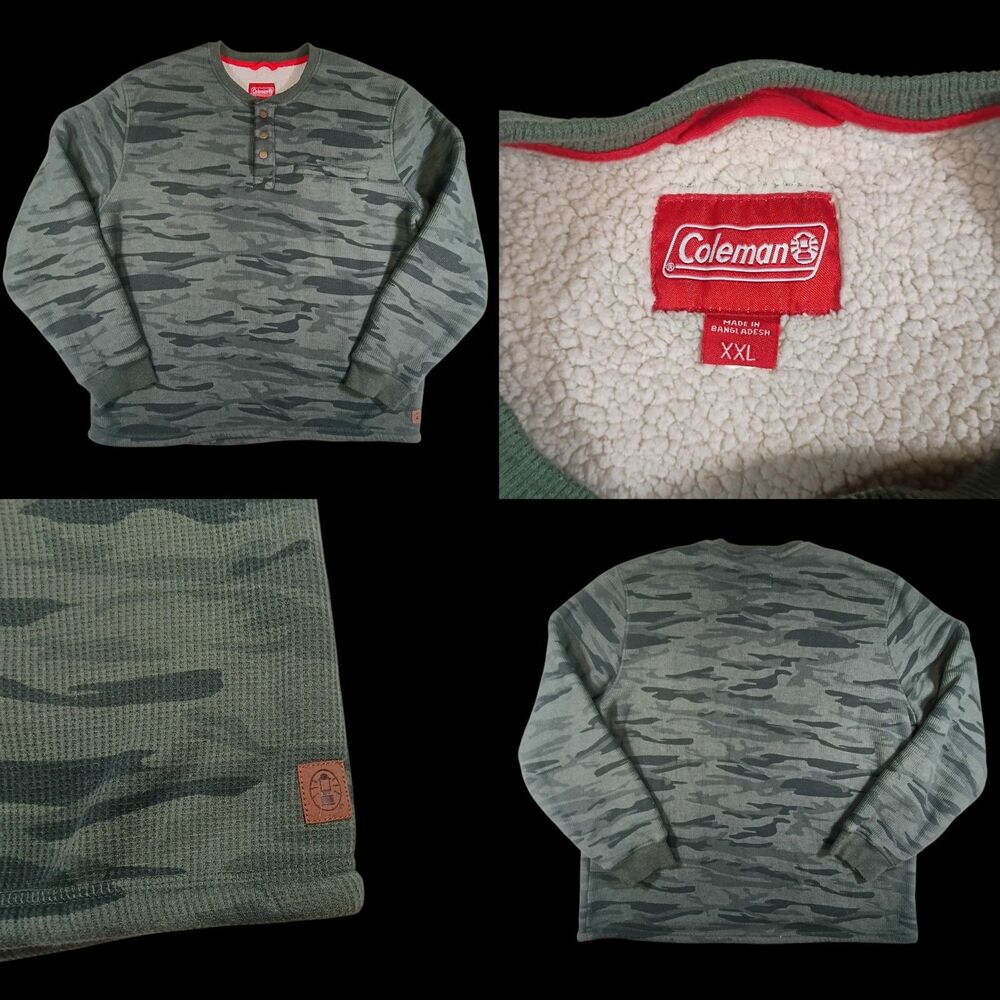 Y2K Coleman sherpa lined thermal sweatshirt mens XXL green camo waffle knit VTG